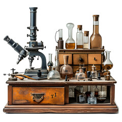Scientist's laboratory equipment isolated on white background, vintage, png
