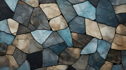Closeup of pieces of geometric mosaic stones and glass wall in black, brown, grey and turquoise,...