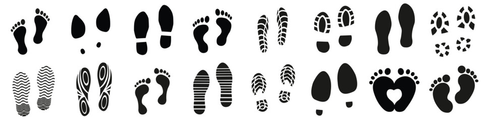 Human footprint set. Shoe and bare foot print collection.
