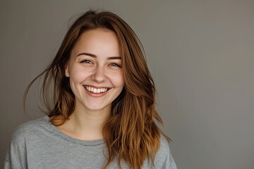 A woman with brown hair is smiling and wearing a grey shirt