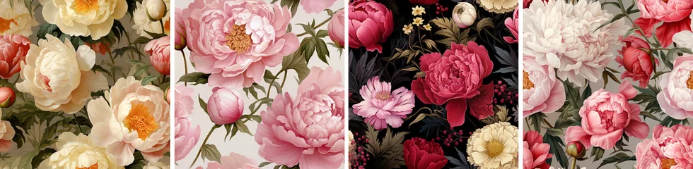 Gardinen Seamless floral print and pattern of burgundy and pink flowers of peonies, buds, plants and leaves for wrapping paper, greeting card or background © T-elle
