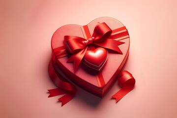 Love Red Heart Gift Box Wrapped in a Ribbon, Empty Space, Ai generated