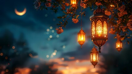 Fototapeta na wymiar Lanterns hanging on the tree. Ramadan Kareem background.