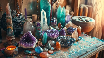 Mystical and Esoteric Altar with Crystals and Dried Flowers in Moody Lighting.
