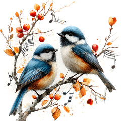 Chickadee chorus: birds on musical notes singing spring tunes isolated on white background, hyperrealism, png
