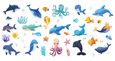 Set with hand drawn sea life elements. Vector doodle cartoon set of marine life objects for your design - obrazy, fototapety, plakaty