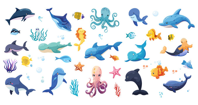 Set with hand drawn sea life elements. Vector doodle cartoon set of marine life objects for your design