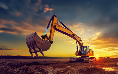 Excavator works on a construction site during excavation work against a blue sky background. Open pit development for sand extraction - obrazy, fototapety, plakaty