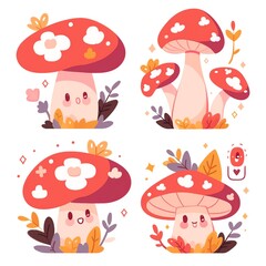 Cute Cartoon Mushrooms with Playful Expressions