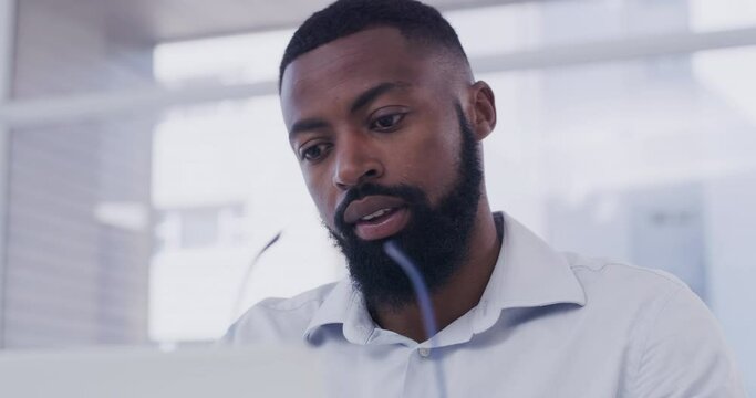 Black man, office and glasses for work, tired and laptop for problem, consultant or frustrated. Accountant, deadline and burnout for job, technology and upset with headache, crisis and mistake