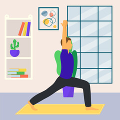 Woman practicing yoga in a peaceful home environment. Female in warrior pose indoor with plants and books, focused and calm. Health and wellness routine vector illustration.