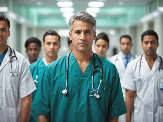 Portrait of male gray hair stethoscope  doctor standing in hospital hall and team walking behind, Leadership, medical teamwork, healthcare, medicine. professional health clinic treatment concept image
