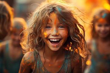 A beaming girl with colorful paint adorning her face stands outdoors, radiating joy and creativity through her human expression and unique sense of style