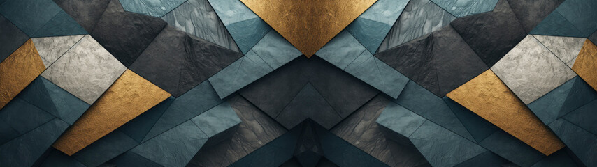 Closeup of geometric squares and polygon wall pattern in different grey golden turquoise tones with...