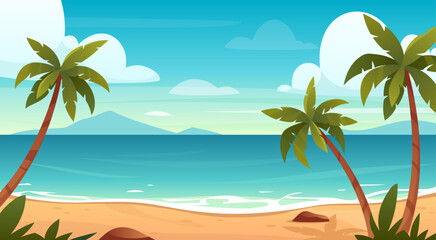 Sea coastline. Vector landscape of summer beach, tropical ocean coastline with mountains, palm trees. Marine horizon background. Seascape view illustration. Summer holidays. Vacation relax place