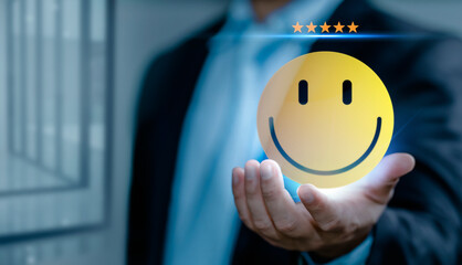 Customer review good rating concept, customer review by smile face icon and five star feedback level selected, positive customer feedback testimonial. - obrazy, fototapety, plakaty