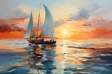 A stunning painting captures the serene beauty of a sailboat gliding through the sparkling waters at sunset, with its majestic mast and billowing sails creating a sense of peaceful transport through 