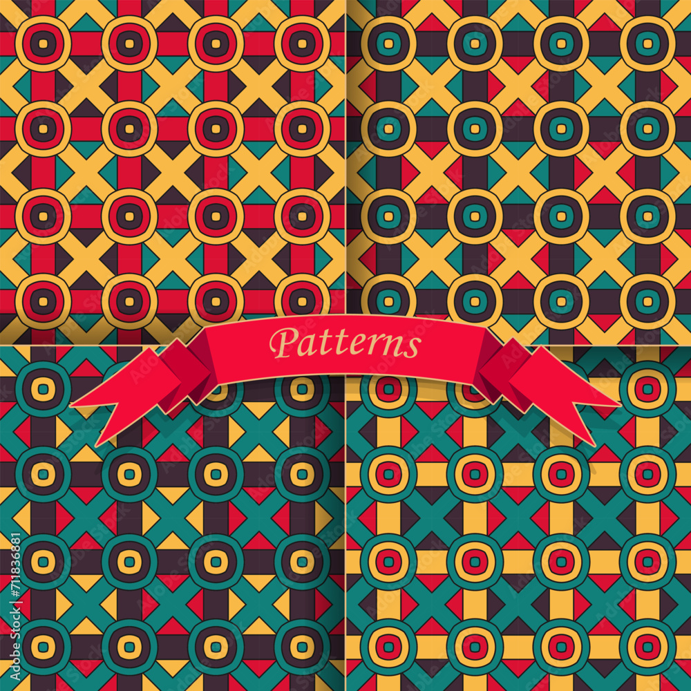 Poster four variants of the pattern with an original multi-colored composition. the palette includes yellow