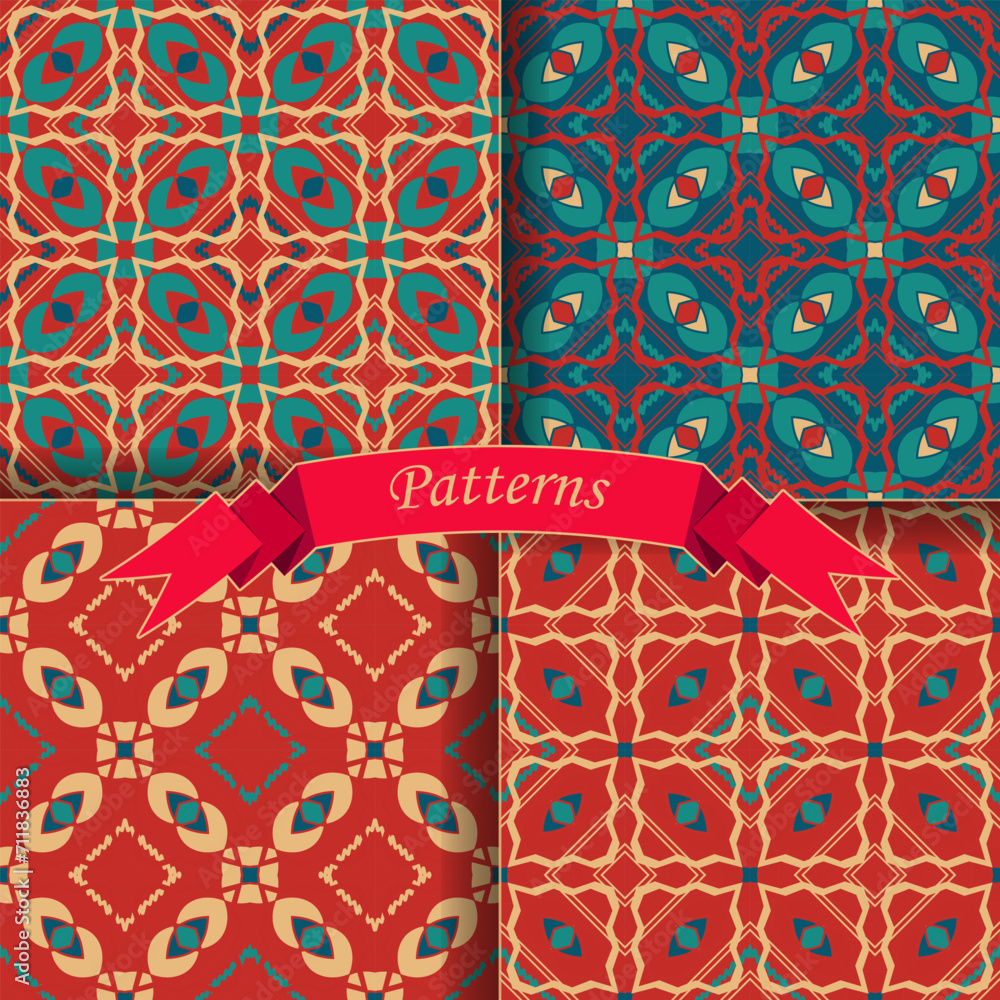 Poster four patterns with an original rhombic composition. the palette includes red, blue and beige. vector