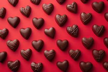 assorted chocolate hearts pattern on red background