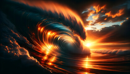 Dramatic seascape at sunset, with the image of a massive wave rising and starting to bend. The scene is bathed in the golden light of the setting sun