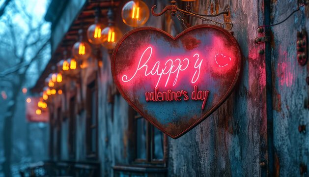 3D sign with text "happy valentine's day " lightbulbs hanging on concrete wall background ,generative ai