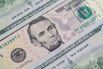 Closeup of dollar banknotes. American cash money background.