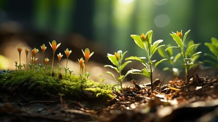 A close-up view of a small green plant sprouting from the earth, showcasing growth and renewal in nature
 - obrazy, fototapety, plakaty