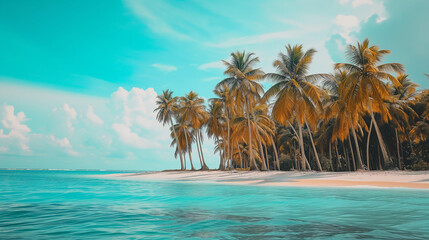 Fototapeta na wymiar Beautiful tropical island with palm trees and beach, background image