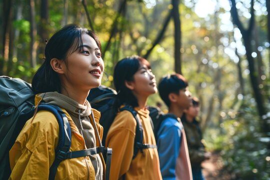 Young people, a company of Asians in the forest on a walk with backpacks looking at nature and trees. On a hike, laughing