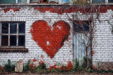 Heart symbol painted on a weathered brick wall.
