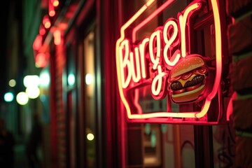 Neon burger sign on restaurant facade. - Powered by Adobe