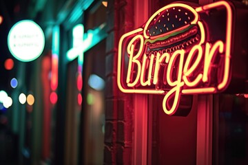 Neon burger sign on restaurant facade.