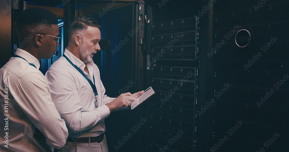 Poster server room, men and tablet with talking for database, information technology and pointing to data. 