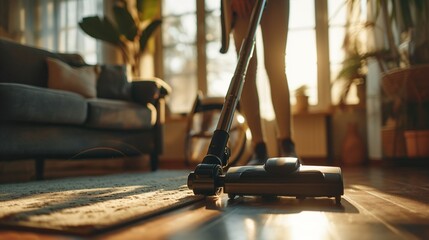 Close-up shot of a housewife using an electric vacuum cleaner. Created with Generative Ai technology. - obrazy, fototapety, plakaty