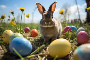 Fototapeta na wymiar Easter bunny in the field with colored Easter eggs