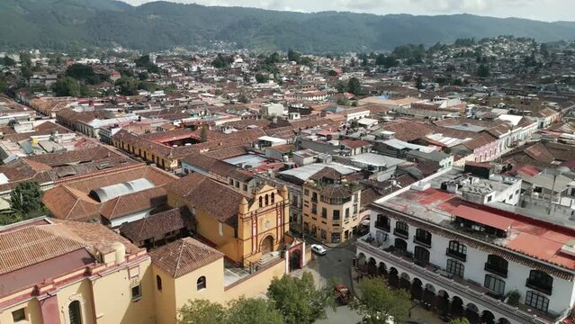 Aerial Drone Fly Cathedral Landmark of San Cristobal de las Casas Mexico Chiapas