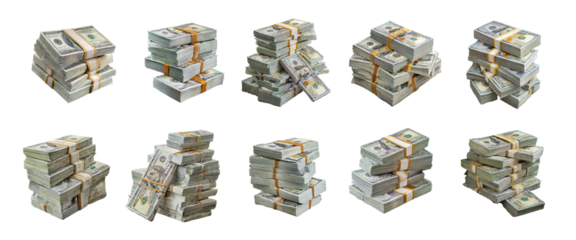 Collection of money pile of packs of hundred dollar bills stacks isolated on transparent background.