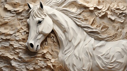 Picture, sculpture of a white horse head carved in wood background. Ai generative.