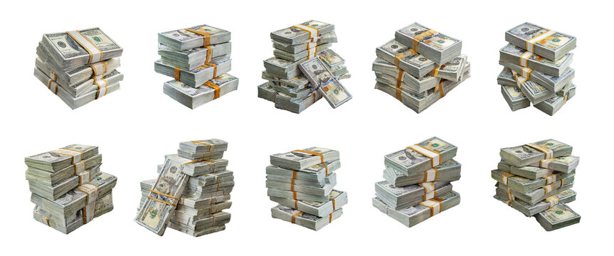 Collection of money pile of packs of hundred dollar bills stacks isolated on transparent background.