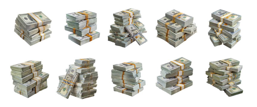 Collection of money pile of packs of hundred dollar bills stacks isolated on transparent background.