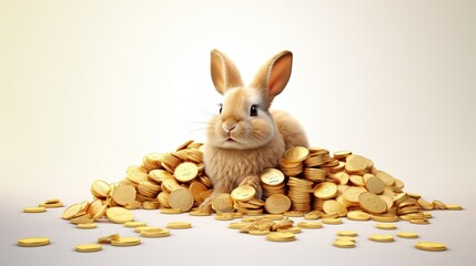 A cute rabbit is sitting on a mountain of gold coins. A rabbit on a white background . A postcard for St. Patrick's Day. An advertisement for a pet store or veterinary service, a lottery for St