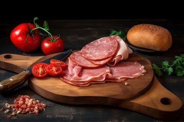 cutting salami with knife, ham and salami, salami and vegetables