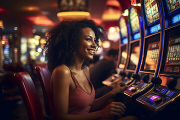 Black woman playing slot machines in a casino - obrazy, fototapety, plakaty
