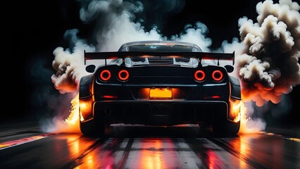 Drifting car on dark black background with smoke. Supercar in motion. Generative AI.