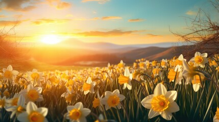 nature sun spring background illustration ny warm, flowers green, blue sky nature sun spring background