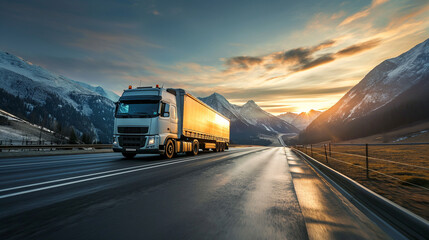 A semi truck speeds along a mountainous highway at sunset, showcasing a blend of industry and natural beauty in winter..