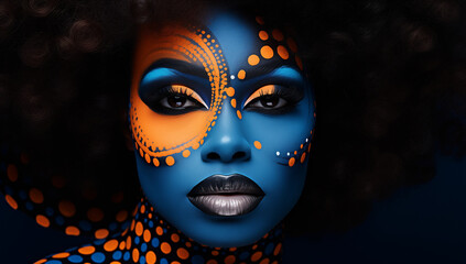 Beautiful woman with face painted in blue and orange