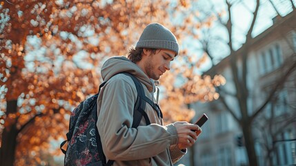 teenage student with backpack walking on the street looking at his mobile phone