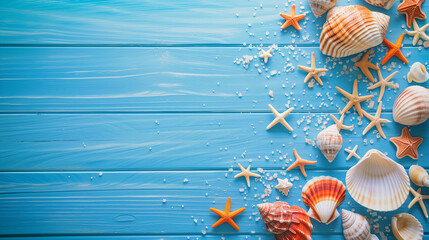Selection of seashells on blue wood BG, Seaview, beach concept